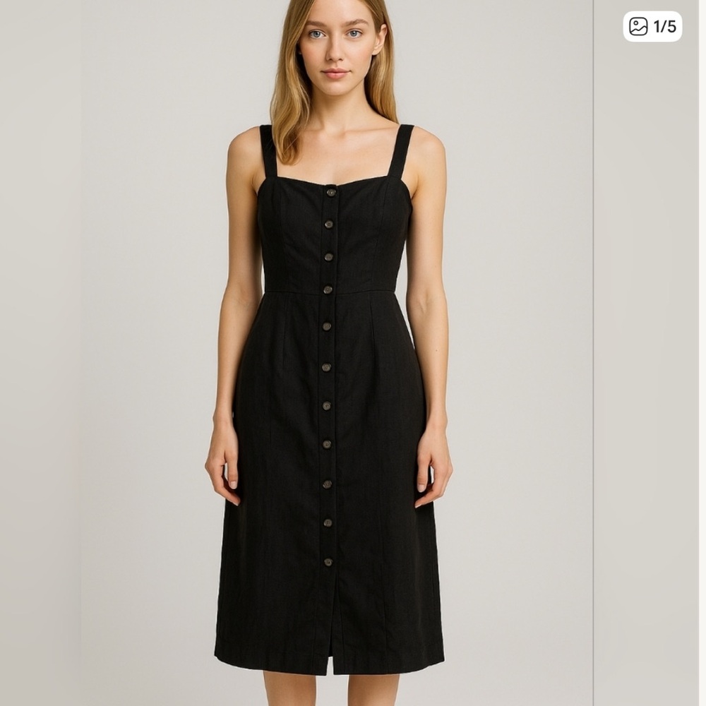 Boden Black Linen Midi Dress Size 6 Petite Button Front Square Neck Classic